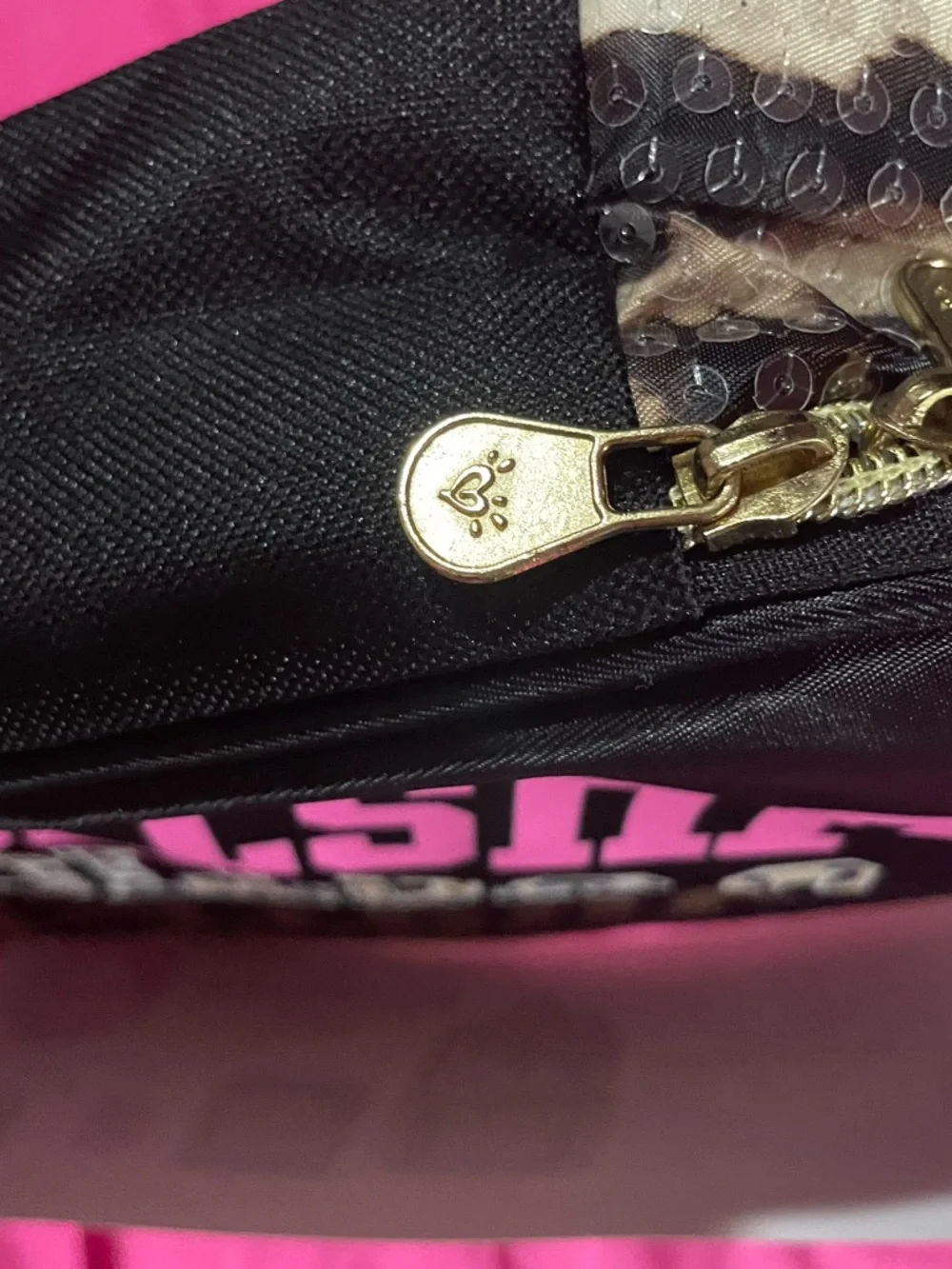 Justice Black Cosmetic Bag with Gold, Leopard and Pink Logo